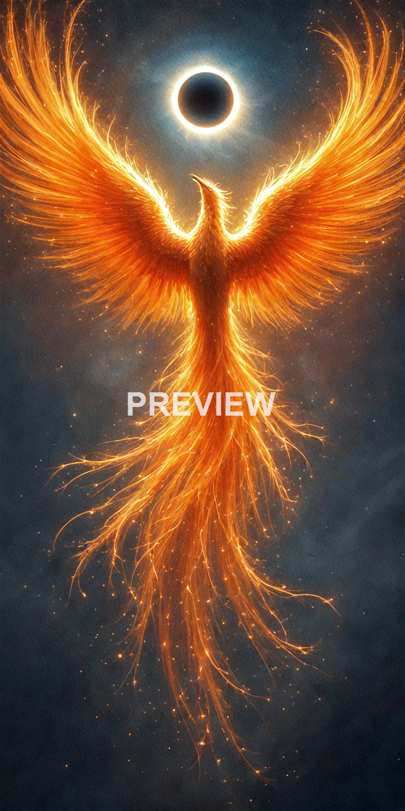 A fiery phoenix with glowing, feathered wings and a long, flowing tail rises against a cosmic background with a solar eclipse above it.
